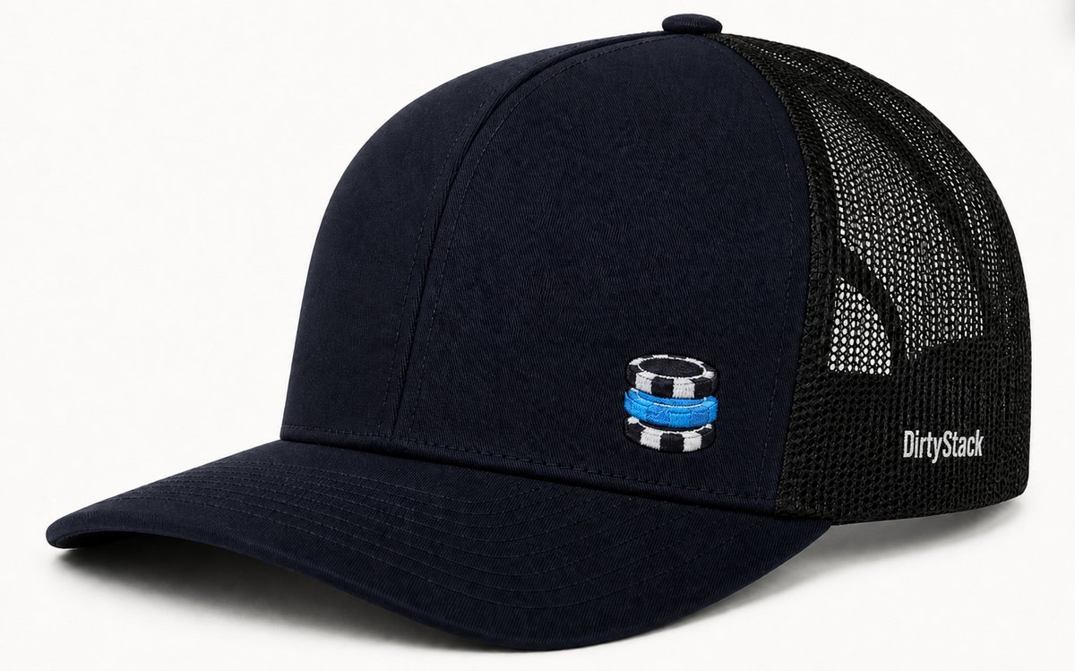 Navy trucker cap with embroidered chip stack